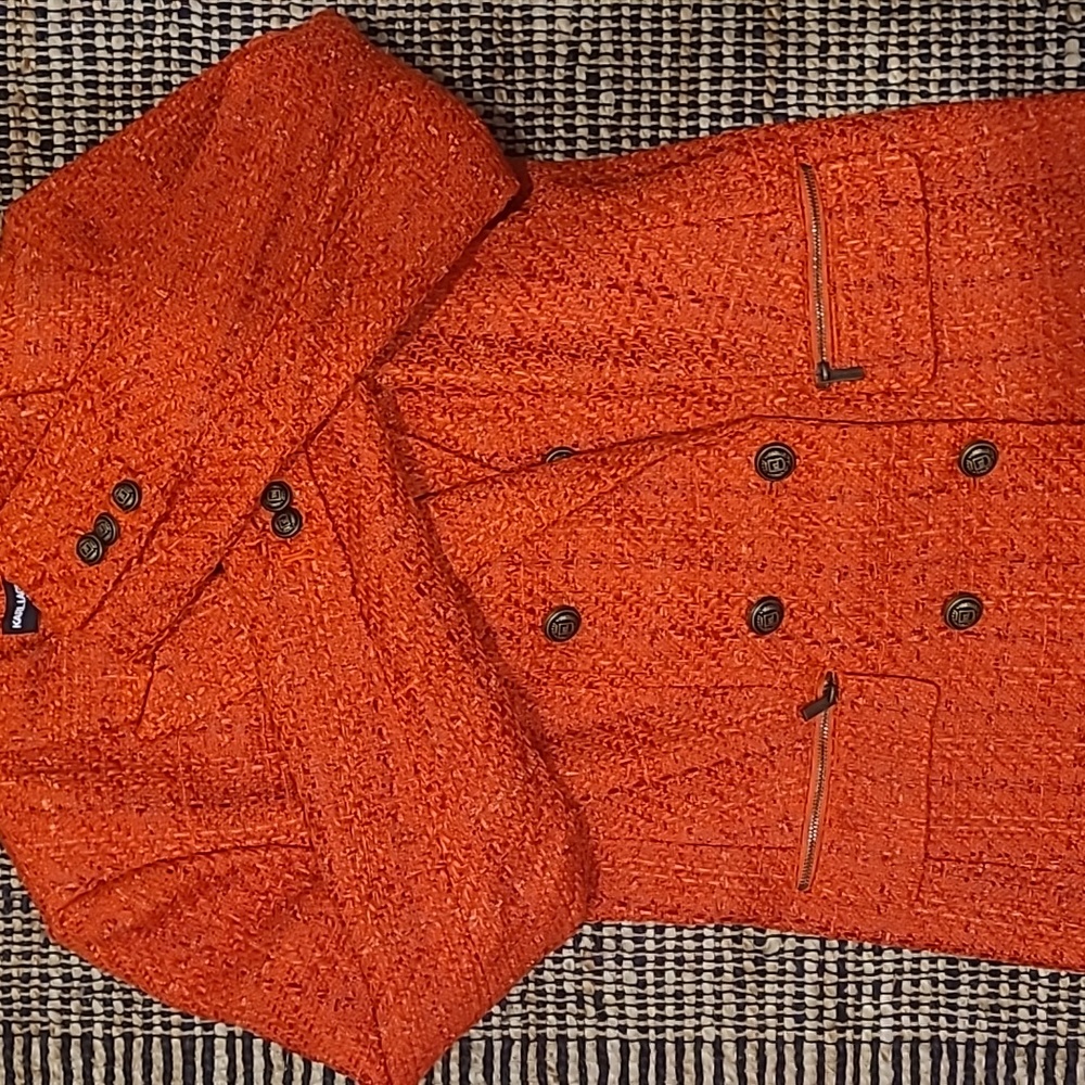NWT KARL LAGERFELD PARIS ORANGE TWEED DOUBLE BREASTED BLAZER - Picture 5 of 14